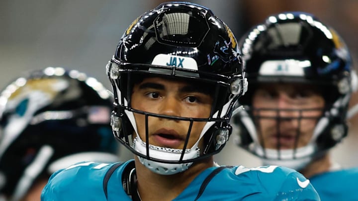 Aug 12, 2023; Arlington, Texas, USA;  Jacksonville Jaguars tight end Brenton Strange (85) on the line of scrimmage in the game against the Dallas Cowboys at AT&T Stadium. Mandatory Credit: Tim Heitman-Imagn Images