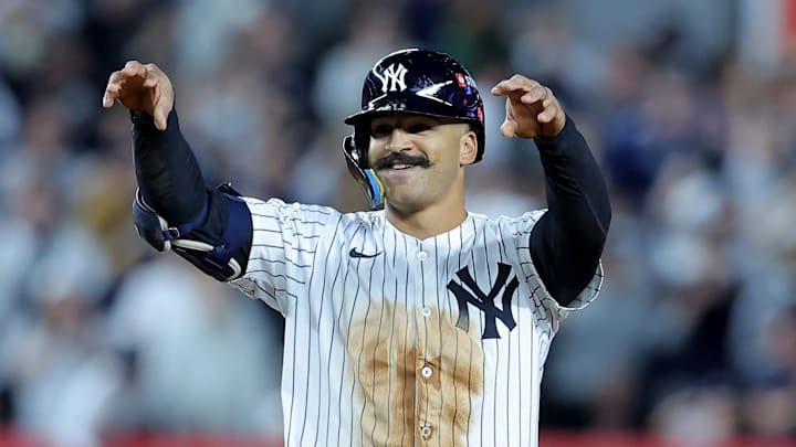 Oct 1, 2025; Bronx, New York, USA; New York Yankees center fielder Trent Grisham (12) celebrates his double against the Boston Red Sox during the seventh inning of game two of the Wildcard round of the 2025 MLB playoffs at Yankee Stadium. Mandatory Credit: Brad Penner-Imagn Images Oct 1, 2025; Bronx, New York, USA; New York Yankees center fielder Trent Grisham (12) celebrates his double against the Boston Red Sox during the seventh inning of game two of the Wildcard round of the 2025 MLB playoffs at Yankee Stadium. Mandatory Credit: Brad Penner-Imagn Images