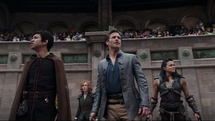 Justice Smith plays Simon, Sophia Lillis plays Doric, Chris Pine plays Edgin and Michelle Rodriguez plays Holga in Dungeons & Dragons: Honor Among Thieves from Paramount Pictures.