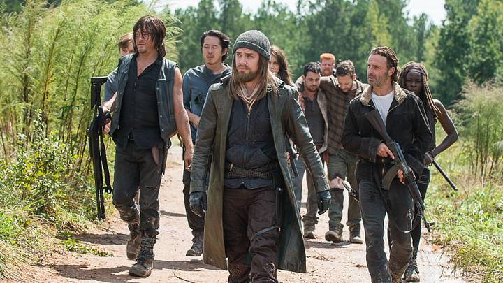 Steven Yeun as Glenn Rhee, Danai Gurira as Michonne, Michael Cudlitz as Abraham, Andrew Lincoln as Rick Grimes, Lauren Cohan as Maggie Greene, Norman Reedus as Daryl Dixon, and Tom Payne as Jesus – The Walking Dead season 6 episode 11
