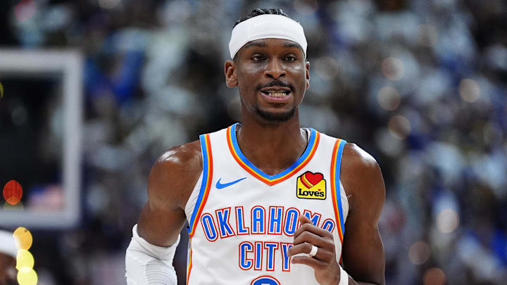 May 9, 2025; Denver, Colorado, USA; Oklahoma City Thunder guard Shai Gilgeous-Alexander (2) during the second half against the Denver Nuggets during game three of the second round for the 2025 NBA Playoffs at Ball Arena. Mandatory Credit: Ron Chenoy-Imagn Images