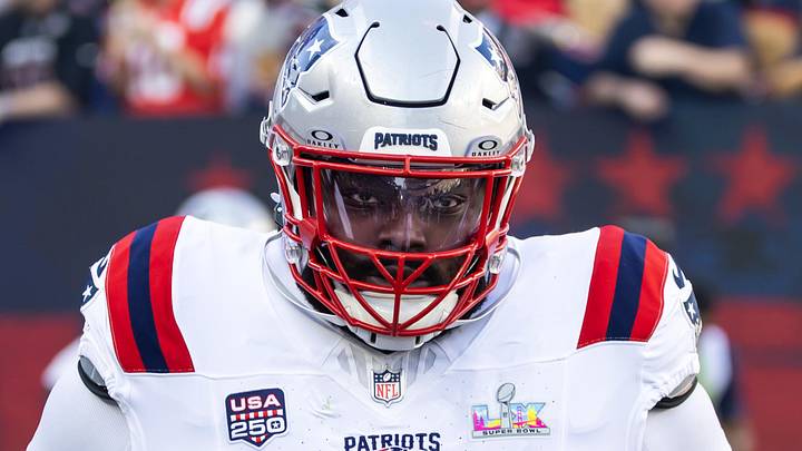 Feb 8, 2026; Santa Clara, CA, USA; New England Patriots guard Mike Onwenu (71) against the Seattle Seahawks during Super Bowl LX at Levi's Stadium. Mandatory Credit: Mark J. Rebilas-Imagn Images