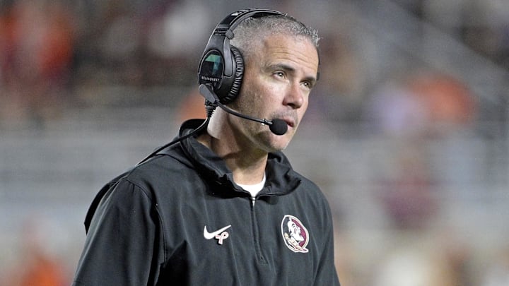 Oct 5, 2024; Tallahassee, Florida, USA; Florida State Seminoles head coach Mike Norvell looks on during the second half against the Clemson Tigers at Doak S. Campbell Stadium. Mandatory Credit: Melina Myers-Imagn Images