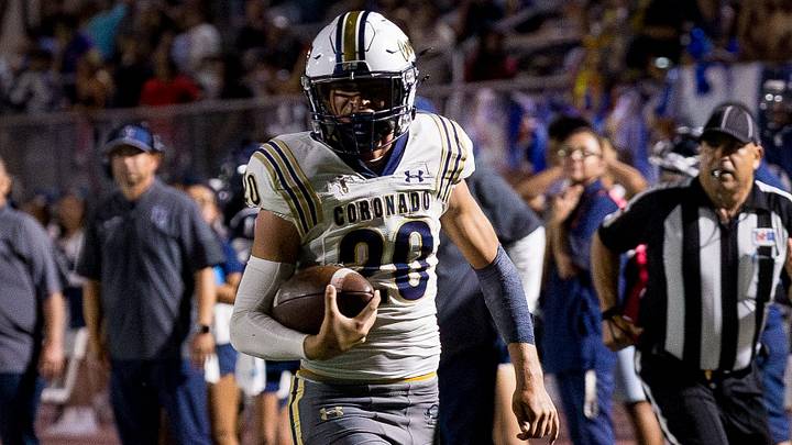 Coronado’s Gabriel Chavando returns an interception for a touchdown during a football game against Del Valle on Friday, Sept. 18, 2026, at Del Valle High School in El Paso, Texas.