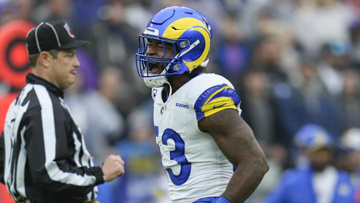 Dec 10, 2023; Baltimore, Maryland, USA;  Los Angeles Rams linebacker Ernest Jones (53) celebrates after sacking Baltimore Ravens quarterback Lamar Jackson (8) during the first quarter at M&T Bank Stadium. Mandatory Credit: Jessica Rapfogel-Imagn Images