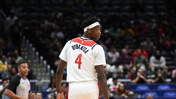 Oct 10, 2026; Washington, District of Columbia, USA;  Washington Wizards forward AJ Dybantsa (4) looks back against the Detroit Pistons during the first quarter at Capital One Arena.  Mandatory Credit: Rafael Suanes-Imagn Images