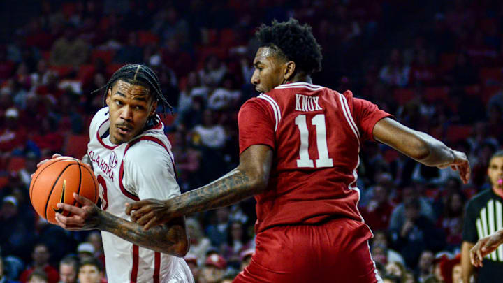 Oklahoma forward Tae Davis drives against Arkansas. Oklahoma forward Tae Davis drives against Arkansas.