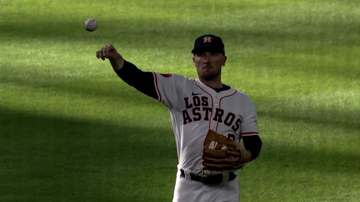 Sep 21, 2024; Houston, Texas, USA; Houston Astros third baseman Alex Bregman (2) warms up before playing against the Los Angeles Angels at Minute Maid Park. Sep 21, 2024; Houston, Texas, USA; Houston Astros third baseman Alex Bregman (2) warms up before playing against the Los Angeles Angels at Minute Maid Park.