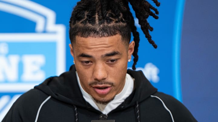 Feb 27, 2026; Indianapolis, IN, USA; Southern California wideout Makai Lemon (WO29) speaks to members of the media during the NFL Combine at the Indiana Convention Center. Mandatory Credit: Jacob Musselman-Imagn Images