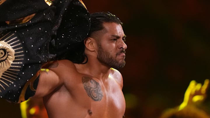 Feb 1, 2025; Indianapolis, IN, USA; Santos Escobar during the Men’s Royal Rumble match during the WWE Royal Rumble at Lucas Oil Stadium. Mandatory Credit: Joe Camporeale-Imagn Images