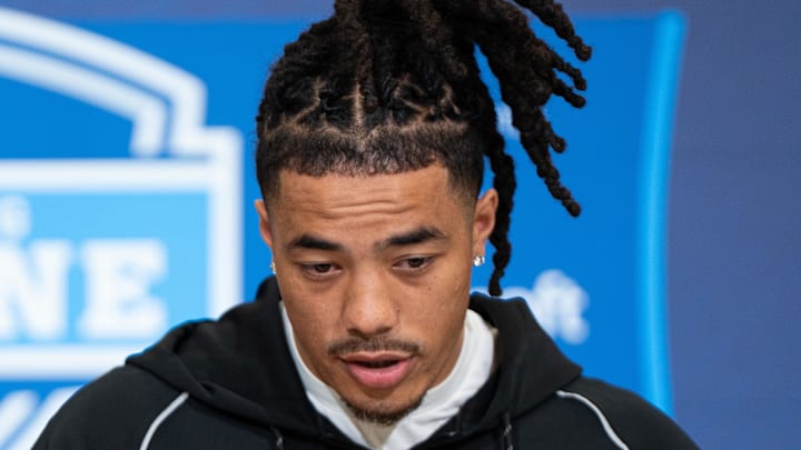 Feb 27, 2026; Indianapolis, IN, USA; Southern California wideout Makai Lemon (WO29) speaks to members of the media during the NFL Combine at the Indiana Convention Center. Mandatory Credit: Jacob Musselman-Imagn Images Feb 27, 2026; Indianapolis, IN, USA; Southern California wideout Makai Lemon (WO29) speaks to members of the media during the NFL Combine at the Indiana Convention Center. Mandatory Credit: Jacob Musselman-Imagn Images
