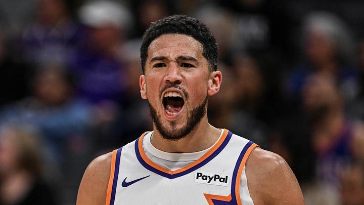 Sacramento, California, USA; Phoenix Suns guard Devin Booker (1) reacts during the third quarter against the Sacramento Kings at Golden 1 Center on Mar 3, 2026. Sacramento, California, USA; Phoenix Suns guard Devin Booker (1) reacts during the third quarter against the Sacramento Kings at Golden 1 Center on Mar 3, 2026.