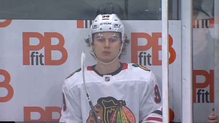 Chicago Blackhawks forward Connor Bedard sits in the penalty box during the second period against the Utah Hockey Club.