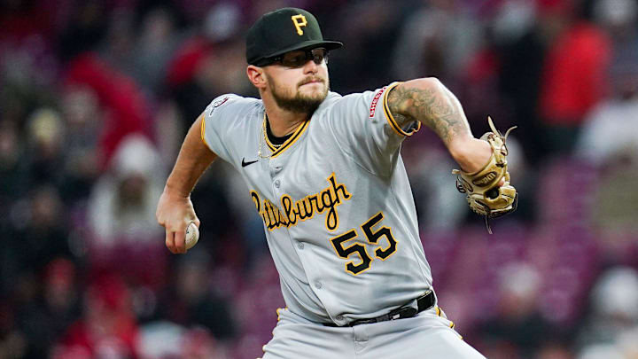 Apr 11, 2025; Cincinnati, Ohio, USA;   Pittsburgh Pirates pitcher Chase Shugart (55) throws against the Cincinnati Reds in the sixthinning at Great American Ball Park. Mandatory Credit: Frank Bowen IV/USA TODAY Network via Imagn Images