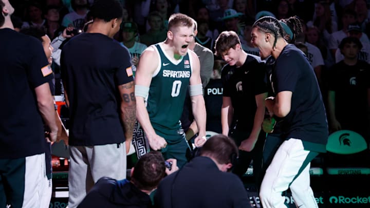 Michigan State Spartans forward Jaxon Kohler (0) lets out a scream while being introduced during starting lineup introductions before a game against the San Jose State Spartans on Thursday, Nov. 13, 2025. Michigan State Spartans forward Jaxon Kohler (0) lets out a scream while being introduced during starting lineup introductions before a game against the San Jose State Spartans on Thursday, Nov. 13, 2025.