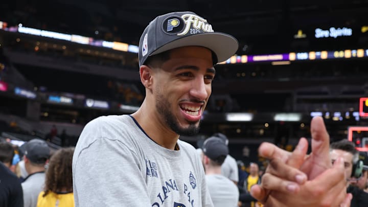 May 31, 2025; Indianapolis, Indiana, USA; Indiana Pacers guard Tyrese Haliburton (0) reacts after game six of the eastern conference finals against the New York Knicks for the 2025 NBA Playoffs at Gainbridge Fieldhouse. Mandatory Credit: Trevor Ruszkowski-Imagn Images May 31, 2025; Indianapolis, Indiana, USA; Indiana Pacers guard Tyrese Haliburton (0) reacts after game six of the eastern conference finals against the New York Knicks for the 2025 NBA Playoffs at Gainbridge Fieldhouse. Mandatory Credit: Trevor Ruszkowski-Imagn Images