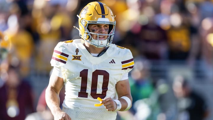 Oct 18, 2025; Tempe, Arizona, USA; Arizona State Sun Devils quarterback Sam Leavitt (10) against the Texas Tech Red Raiders at Mountain America Stadium. Mandatory Credit: Mark J. Rebilas-Imagn Images