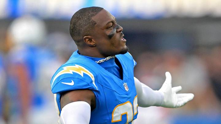 Sep 21, 2025; Inglewood, California, USA;  Los Angeles Chargers safety Tony Jefferson (23) celebrates after defeating the Denver Broncos 23-20 at SoFi Stadium. Mandatory Credit: Jayne Kamin-Oncea-Imagn Images