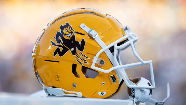 Nov 23, 2024; Tempe, Arizona, USA; Detailed view of an Arizona State Sun Devils helmet at Mountain America Stadium. Mandatory Credit: Mark J. Rebilas-Imagn Images