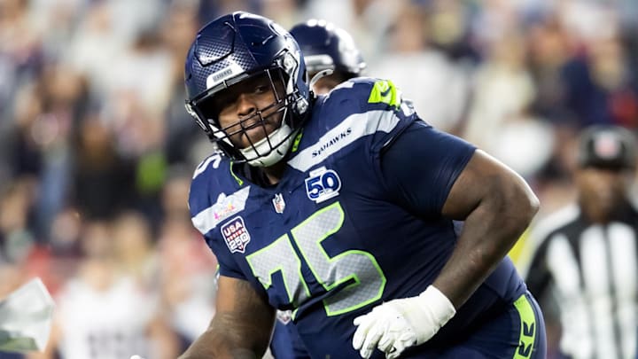 Feb 8, 2026; Santa Clara, CA, USA; Seattle Seahawks guard Anthony Bradford (75) against the New England Patriots during Super Bowl LX at Levi's Stadium.