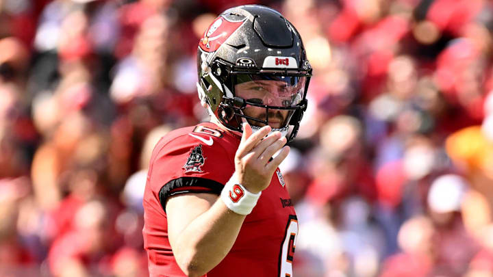 Jan 5, 2025; Tampa, Florida, USA; Tampa Bay Buccaneers quarterback Baker Mayfield (6)  in the first quarter of the game against the New Orleans Saints at Raymond James Stadium. Mandatory Credit: Jonathan Dyer-Imagn Images