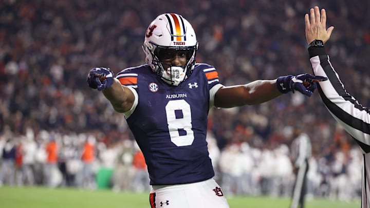Auburn Tigers wide receiver Cam Coleman celebrates after scoring a touchdown against the Texas A&M Aggies.