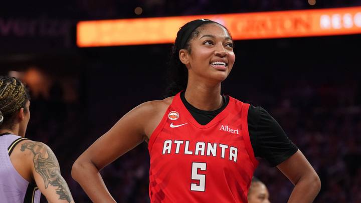 Oct 19, 2026; San Francisco, California, USA; Atlanta Dream forward Angel Reese (5) smiles during a break in the action against the Golden State Valkyries in the third quarter of game two of the 2026 WNBA Finals at Chase Center. Mandatory Credit: David Gonzales-Imagn Images Oct 19, 2026; San Francisco, California, USA; Atlanta Dream forward Angel Reese (5) smiles during a break in the action against the Golden State Valkyries in the third quarter of game two of the 2026 WNBA Finals at Chase Center. Mandatory Credit: David Gonzales-Imagn Images