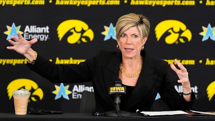 Iowa head coach Jan Jensen fields questions from journalists during the Iowa women’s basketball media day Oct. 14, 2025 at Carver-Hawkeye Arena in Iowa City, Iowa.