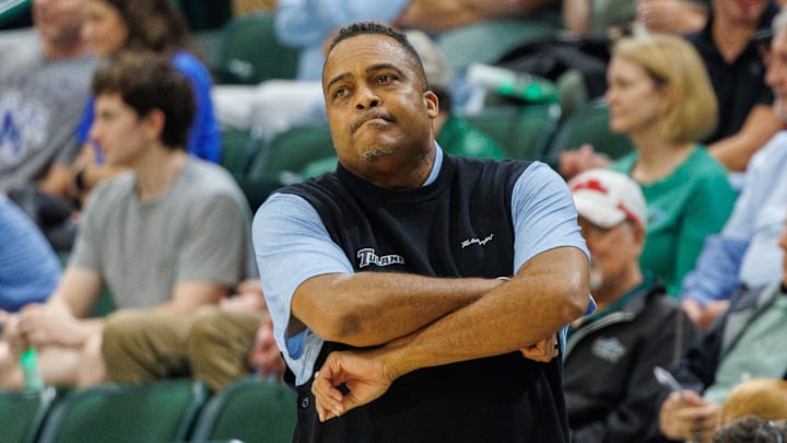 Jan 30, 2025; New Orleans, Louisiana, USA;  Tulane Green Wave head coach Ron Hunter reacts to a play against the Memphis Tigers during the first half at Avron B. Fogelman Arena in Devlin Fieldhouse. 