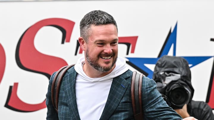 Nov 8, 2025; Iowa City, Iowa, USA; Oregon Ducks head coach Dan Lanning enters Kinnick Stadium before the game against the Iowa Hawkeyes. Mandatory Credit: Jeffrey Becker-Imagn Images