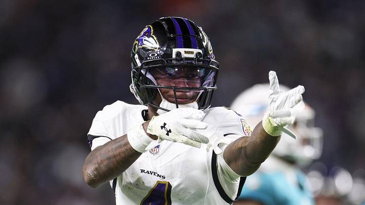 Oct 30, 2025; Miami Gardens, Florida, USA; Baltimore Ravens wide receiver Zay Flowers (4) reacts after a play against the Miami Dolphins in the third quarter at Hard Rock Stadium. Mandatory Credit: Nathan Ray Seebeck-Imagn Images