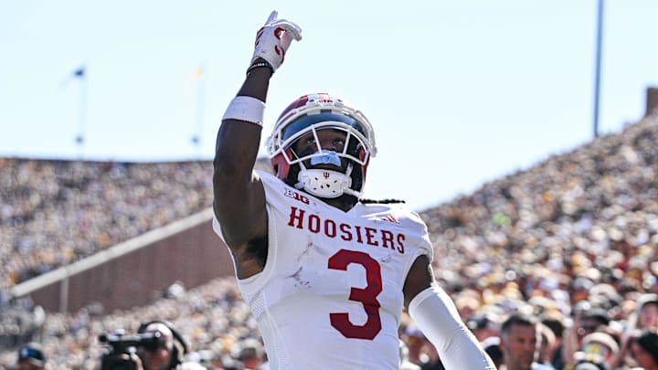 Indiana Hoosiers wide receiver Omar Cooper Jr. reacts after a touchdown reception against the Iowa Hawkeyes.