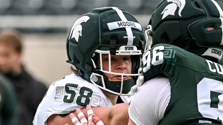 Michigan State's Conner Moore, left, blocks Eli Coenen during the football Spring Showcase on Saturday, April 18, 2026, at Spartan Stadium in East Lansing. Michigan State's Conner Moore, left, blocks Eli Coenen during the football Spring Showcase on Saturday, April 18, 2026, at Spartan Stadium in East Lansing.
