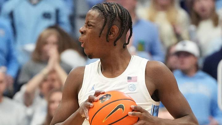 Feb 7, 2026; Chapel Hill, North Carolina, USA; North Carolina Tar Heels forward Caleb Wilson (8) reacts in the second  half at Dean E. Smith Center. Mandatory Credit: Bob Donnan-Imagn Images
