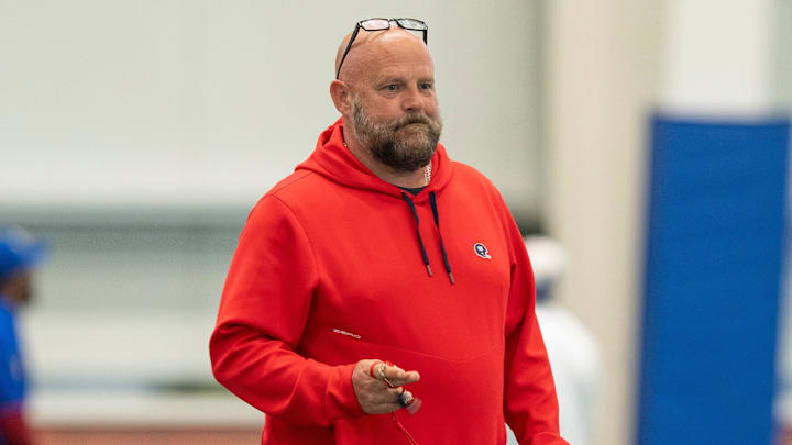 New York Giants head coach Brian Daboll watches his players warm up during Mandatory Minicamp at Quest Diagnostics Giants Training Center in East Rutherford on Tuesday, June 17, 2025.