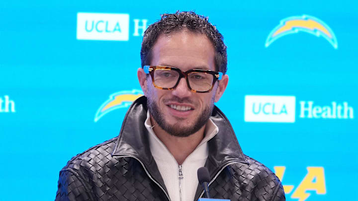 January 27, 2026; El Segundo, California, USA; Los Angeles Chargers offensive coordinator Mike McDaniel speaks at introductory press conference at The Bolt. Mandatory Credit: Kirby Lee-Imagn Images
