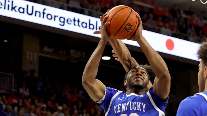 Feb 21, 2026; Auburn, Alabama, USA;  Kentucky Wildcats forward Mouhamed Dioubate (23) goes up for a shot against the Auburn Tigers during the first half at Neville Arena. Mandatory Credit: John Reed-Imagn Images