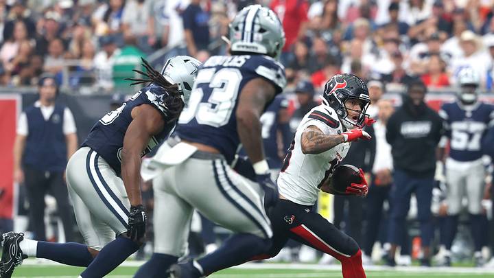 Oct 4, 2026; Houston, Texas, USA; Houston Texans wide receiver Jaylin Noel (13) catches a pass during the third quarter as Dallas Cowboys linebacker Dee Winters (53) defends at Reliant Stadium. Mandatory Credit: Troy Taormina-Imagn Images Oct 4, 2026; Houston, Texas, USA; Houston Texans wide receiver Jaylin Noel (13) catches a pass during the third quarter as Dallas Cowboys linebacker Dee Winters (53) defends at Reliant Stadium. Mandatory Credit: Troy Taormina-Imagn Images