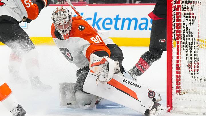 May 4, 2026; Raleigh, North Carolina, USA; Philadelphia Flyers goaltender Dan Vladar (80) makes a save against the Carolina Hurricanes during the third period in game two of the second round of the 2026 Stanley Cup Playoffs at Lenovo Center. May 4, 2026; Raleigh, North Carolina, USA; Philadelphia Flyers goaltender Dan Vladar (80) makes a save against the Carolina Hurricanes during the third period in game two of the second round of the 2026 Stanley Cup Playoffs at Lenovo Center.