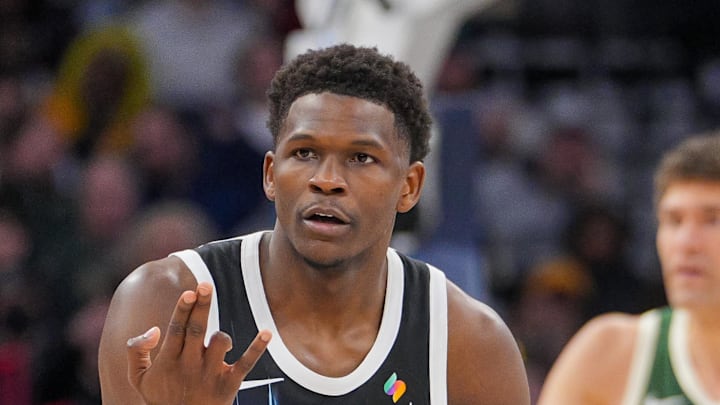 Feb 12, 2025; Minneapolis, Minnesota, USA; Minnesota Timberwolves guard Anthony Edwards (5) celebrates a three point basket against the Milwaukee Bucks in the fourth quarter at Target Center. Mandatory Credit: Brad Rempel-Imagn Images Feb 12, 2025; Minneapolis, Minnesota, USA; Minnesota Timberwolves guard Anthony Edwards (5) celebrates a three point basket against the Milwaukee Bucks in the fourth quarter at Target Center. Mandatory Credit: Brad Rempel-Imagn Images