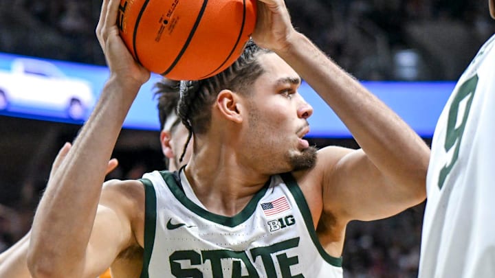 Michigan State's Jesse McCulloch grabs a rebound against Toledo during the first half on Tuesday, Dec. 16, 2025, at the Breslin Center in East Lansing.