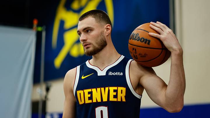 Sep 28, 2026; Denver, CO, USA; Denver Nuggets guard Christian Braun (0) during media day at Ball Arena. Mandatory Credit: Isaiah J. Downing-Imagn Images