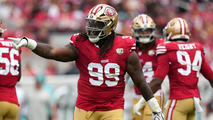 Sep 20, 2026; Santa Clara, California, USA; San Francisco 49ers defensive tackle C.J. West (99) reacts during the third quarter against the Miami Dolphins at Levi's Stadium. Mandatory Credit: Cary Edmondson-Imagn Images Sep 20, 2026; Santa Clara, California, USA; San Francisco 49ers defensive tackle C.J. West (99) reacts during the third quarter against the Miami Dolphins at Levi's Stadium. Mandatory Credit: Cary Edmondson-Imagn Images