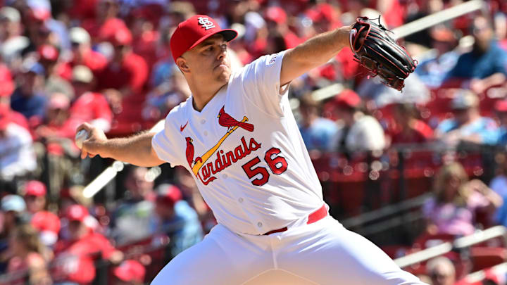 Apr 16, 2025; St. Louis, MO, USA; St. Louis Cardinals pitcher Ryan Helsley (56) throws in relief in the ninth inning against the Houston Astros at Busch Stadium. Apr 16, 2025; St. Louis, MO, USA; St. Louis Cardinals pitcher Ryan Helsley (56) throws in relief in the ninth inning against the Houston Astros at Busch Stadium.