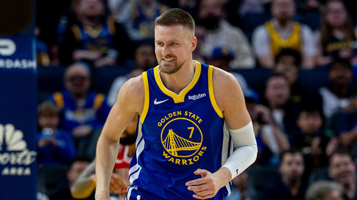 Mar 10, 2026; San Francisco, California, USA; Golden State Warriors center Kristaps Porzingis (7) celebrates during the third quarter against the Chicago Bulls at Chase Center. Mandatory Credit: Bob Kupbens-Imagn Images