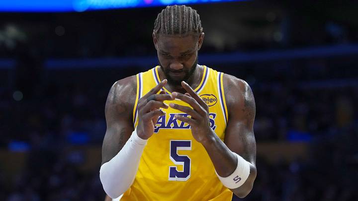 Oct 24, 2025; Los Angeles, California, USA; Los Angeles Lakers center Deandre Ayton (5) reacts in the first half against the Minnesota Timberwolves at Crypto.com Arena. Mandatory Credit: Kirby Lee-Imagn Images