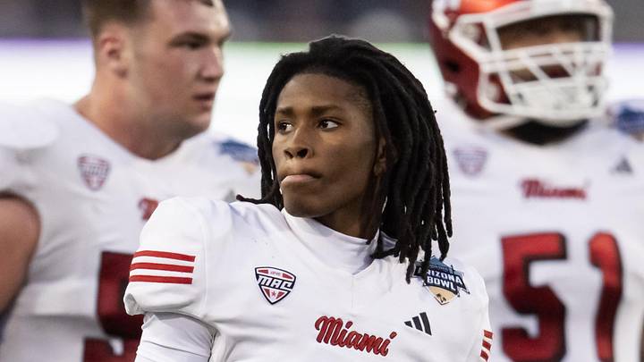 Dec 28, 2024; Tucson, AZ, USA; Miami (OH) RedHawks wide receiver Kam Perry (10) against the Colorado State Rams during the Snoop Dogg Arizona Bowl at Arizona Stadium. Mandatory Credit: Mark J. Rebilas-Imagn Images Dec 28, 2024; Tucson, AZ, USA; Miami (OH) RedHawks wide receiver Kam Perry (10) against the Colorado State Rams during the Snoop Dogg Arizona Bowl at Arizona Stadium. Mandatory Credit: Mark J. Rebilas-Imagn Images