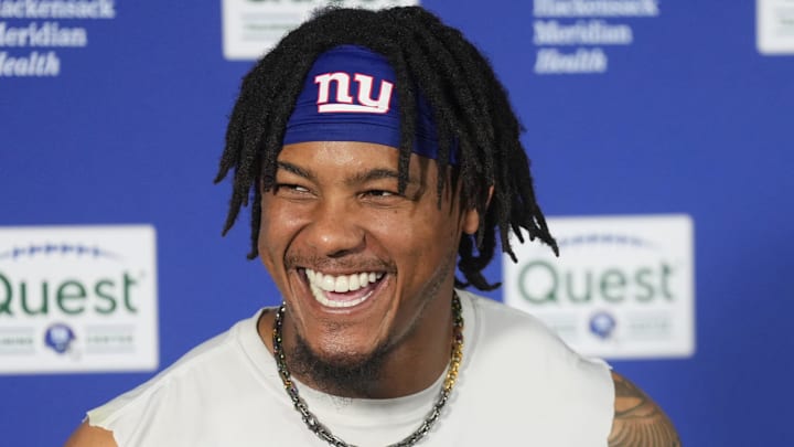 East Rutherford, NJ -- June 5, 2025 -- Wide receiver WanÕDale Robinson being interviewed after the New York Giants players participated in their 2025 OTAÕs at the Quest Diagnostic Giants Training Center in East Rutherford. East Rutherford, NJ -- June 5, 2025 -- Wide receiver WanÕDale Robinson being interviewed after the New York Giants players participated in their 2025 OTAÕs at the Quest Diagnostic Giants Training Center in East Rutherford.