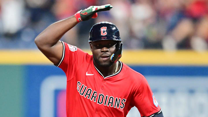 Sep 13, 2025; Cleveland, Ohio, USA; Cleveland Guardians pinch hitter Jhonkensy Noel (43) rounds the bases after hitting a home run against the Chicago White Sox during the eighth inning at Progressive Field. Mandatory Credit: Ken Blaze-Imagn Images