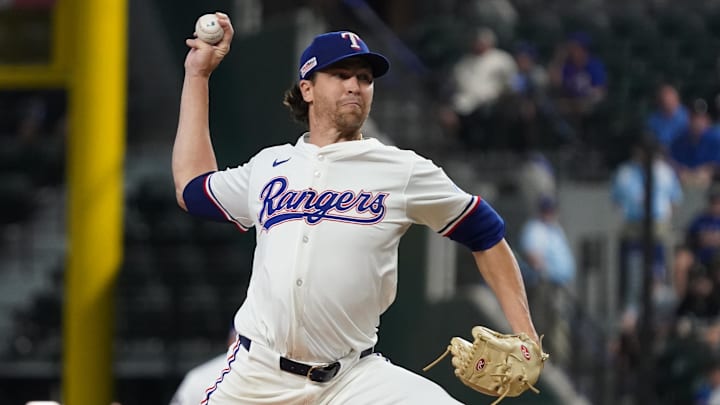 Jun 14, 2025; Arlington, Texas, USA; Texas Rangers pitcher Jacob deGrom (48) throws to the plate during the first inning against the Chicago White Sox at Globe Life Field. Mandatory Credit: Raymond Carlin III-Imagn Images